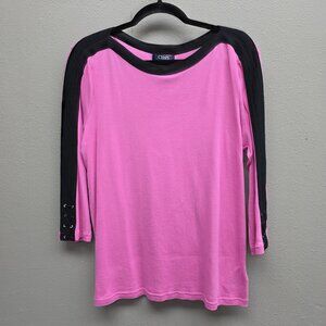 Chaps Shirt Womens 1X Pink Black Long Sleeve Lace Up Cotton Pullover Top